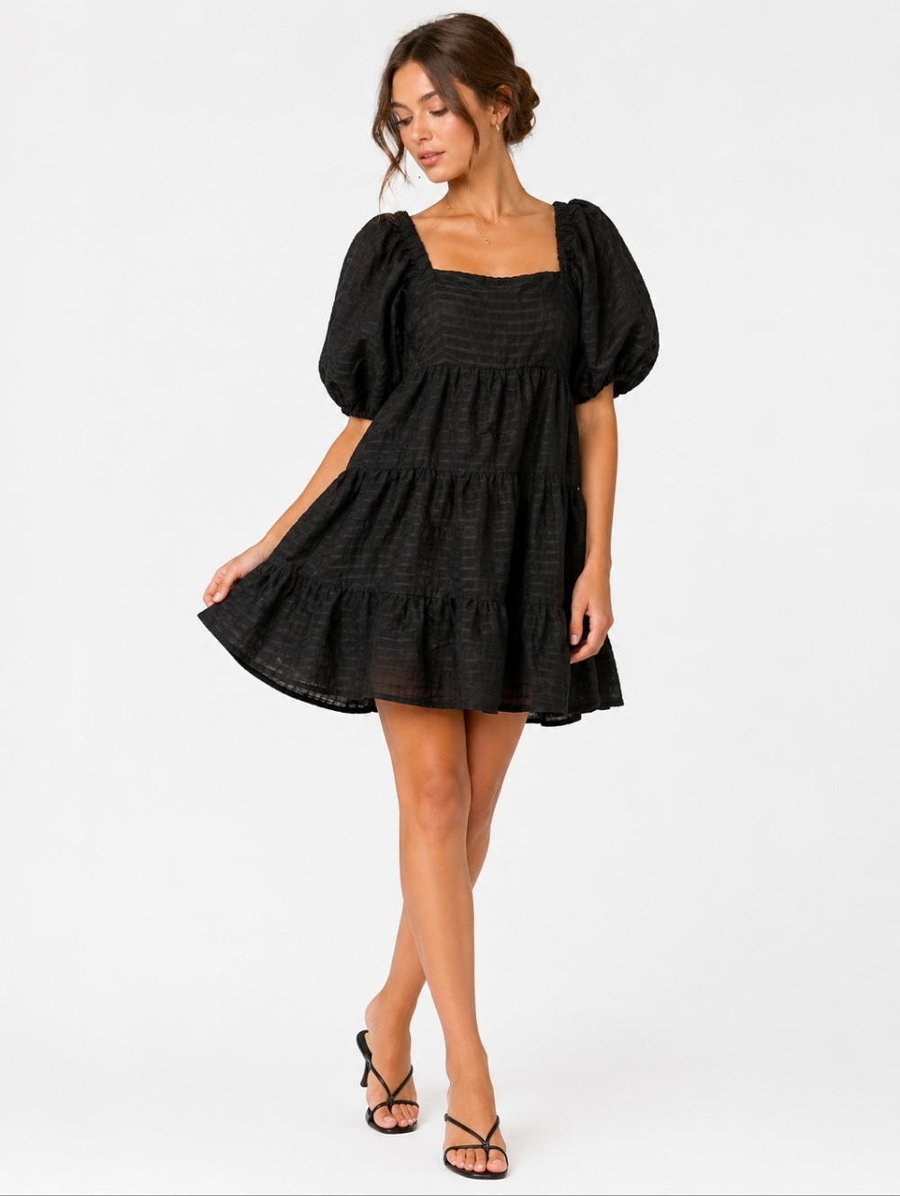 Black Puff-Sleeve Tiered Mini Dress Lyocell/Cotton